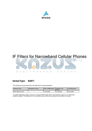 B4871 datasheet - SAW Components Low Loss Filter for Mobile Communication 135,54 MHz