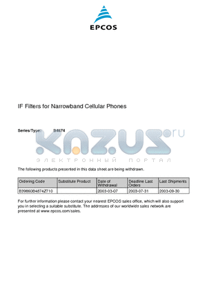 B4874 datasheet - SAW Components Low Loss Filter for Mobile Communication 85,38 MHz