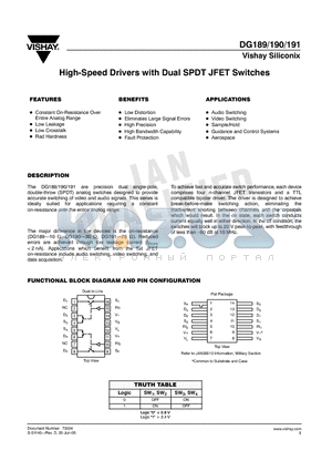 DG189AP/883 datasheet - High-Speed Drivers with Dual SPDT JFET Switches