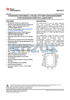BQ24105-Q1 datasheet - SYNCHRONOUS SWITCHMODE, LI-ION AND LI-POLYMER CHARGE-MANAGEMENT IC WITH INTEGRATED POWER FETs ( bqSWITCHER)