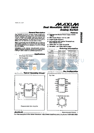 DG200 datasheet - Dual Monolithic SPST CMOS Analog Switch