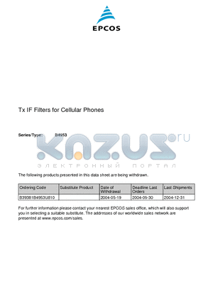 B4953 datasheet - SAW Components Low-Loss Filter for Mobile Communication 380,00 MHz