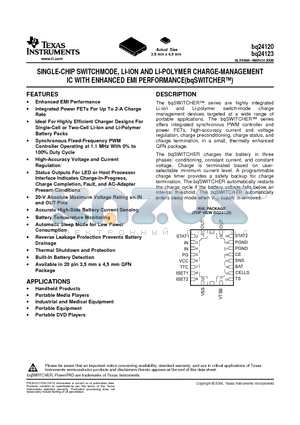 BQ24120RHLT datasheet - SINGLE-CHIP SWITCHMODE, LI-ION AND LI-POLYMER CHARGE-MANAGEMENT IC WITH ENHANCED EMI PERFORMANCE