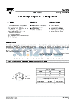 DG2001 datasheet - LOW - VOLTAGE SINGLE SPDT ANALOG SWITCH