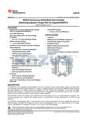 BQ24130 datasheet - 600-kHz Synchronous Switch-Mode Host-Controlled Battery/Supercapacitor Charger With 4-A Integrated MOSFETs