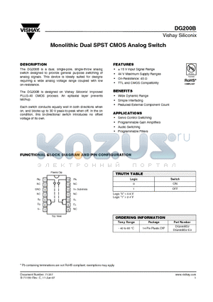 DG200B datasheet - Monolithic Dual SPST CMOS Analog Switch