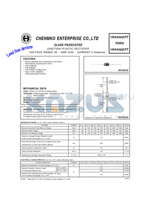 1N5400GPT datasheet - JUNCTION PLASTIC RECTIFIER VOLTAGE RANGE 50 - 1000 Volts CURRENT 3 Amperes