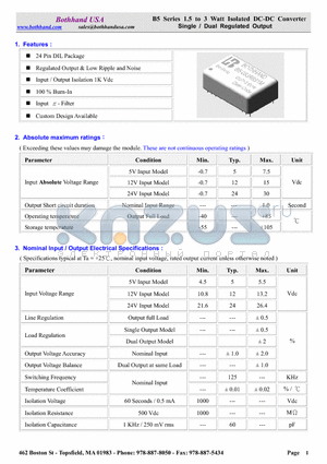 B5-053R6D1 datasheet - 1.5 to 3 Watt Isolated DC-DC Converter Single / Dual Regulated Output