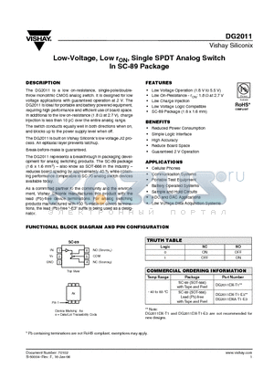 DG2011DX-T1 datasheet - Low-Voltage, Low rON, Single SPDT Analog Switch In SC-89 Package