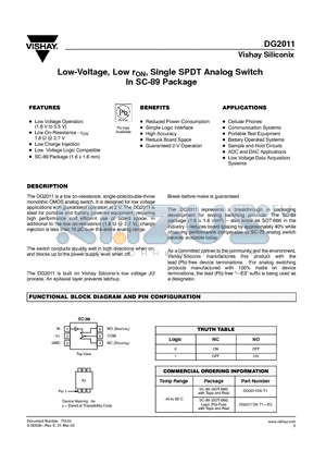 DG2011DX-T1-E3 datasheet - Low-Voltage, Low rON, Single SPDT Analog Switch In SC-89 Package