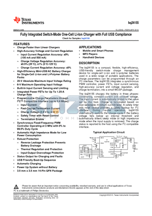 BQ24155 datasheet - Fully Integrated Switch-Mode One-Cell Li-Ion Charger with Full USB Compliance