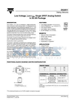 DG2011DXA-T1-E3 datasheet - Low-Voltage, Low rON, Single SPDT Analog Switch In SC-89 Package