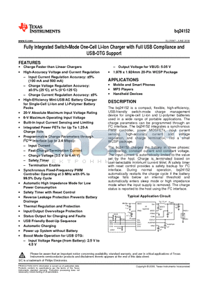 BQ24152 datasheet - Fully Integrated Switch-Mode One-Cell Li-Ion Charger with Full USB Compliance and USB-OTG Support
