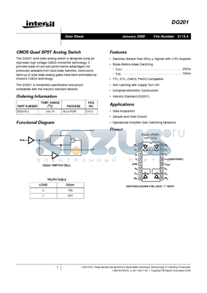 DG201 datasheet - CMOS Quad SPST Analog Switch