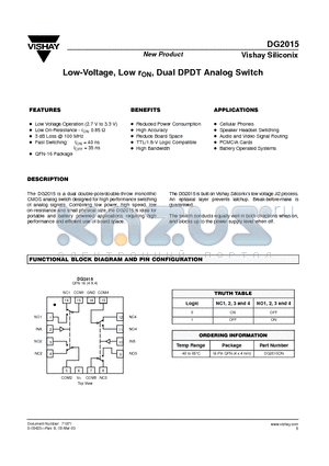 DG2015 datasheet - Low-Voltage, Low rON, Dual DPDT Analog Switch
