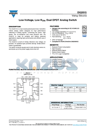 DG2015 datasheet - Low-Voltage, Low RON, Dual DPDT Analog Switch