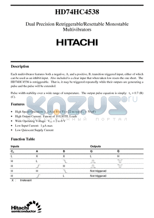 74HC4538 datasheet - Dual Precision Retriggerable/Resettable Monostable Multivibrators