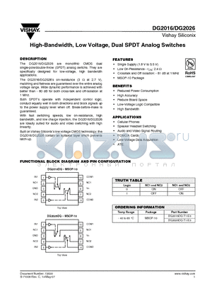 DG2016 datasheet - High-Bandwidth, Low Voltage, Dual SPDT Analog Switches