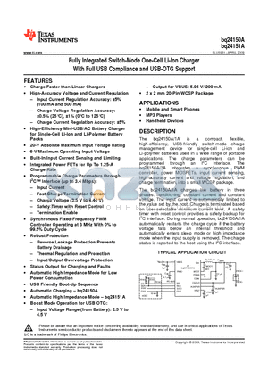 BQ24150A datasheet - Fully Integrated Switch-Mode One-Cell Li-Ion Charger With Full USB Compliance and USB-OTG Support