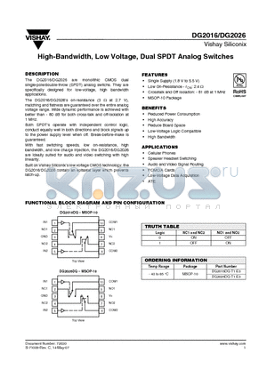 DG2016DQ-T1-E3 datasheet - High-Bandwidth, Low Voltage, Dual SPDT Analog Switches