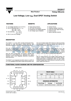 DG2017DN datasheet - Low-Voltage, Low ON, Dual DPDT Analog Switch