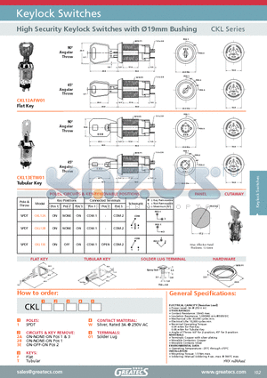 CKL13ETW01 datasheet - High Security Keylock Switches with 19mm Bushing