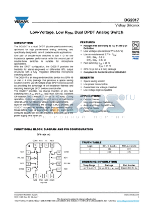 DG2017DN-T1-E4 datasheet - Low-Voltage, Low RON, Dual DPDT Analog Switch
