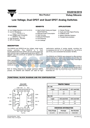 DG2019 datasheet - Low Voltage, Dual DPDT and Quad SPDT Analog Switches