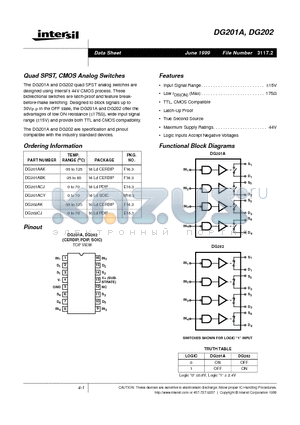 DG201A datasheet - Quad SPST, CMOS Analog Switches