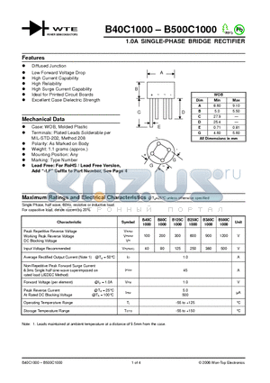 B500C1000 datasheet - 1.0A SINGLE-PHASE BRIDGE RECTIFIER