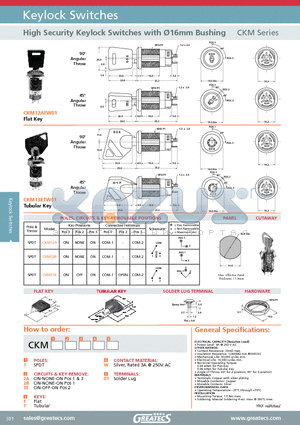 CKM12AFW01 datasheet - High Security Keylock Switches with 16mm Bushing