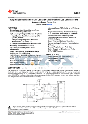 BQ24180 datasheet - Fully Integrated Switch-Mode One-Cell Li-Ion Charger with Full USB Compliance and Accessory Power Connection