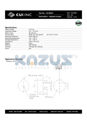 CX-0905C datasheet - Magnetic buzzer