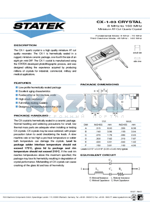 CX-1-03-LF datasheet - 8 MHz to 160 MHz Miniature AT-Cut Quartz Crystal