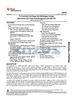 BQ24192RGET datasheet - I2C Controlled 4.5A Single Cell USB/Adaptor Charger With Narrow VDC Power Path Management and USB OTG