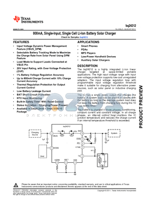 BQ24212 datasheet - 800mA, Single-Input, Single Cell Li-Ion Battery Solar Charger