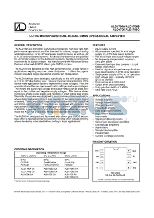ALD1706ADA datasheet - ULTRA  MICROPOWER RAIL TO RAIL CMOS OPERATIONAL AMPLIFIER