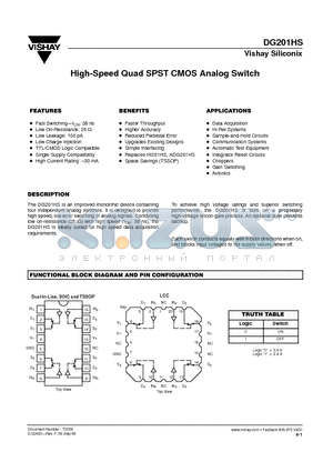 DG201HS datasheet - High-Speed Quad SPST CMOS Analog Switch