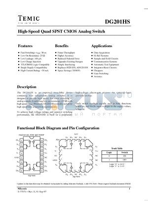 DG201HSAK/883 datasheet - High-Speed Quad SPST CMOS Analog Switch