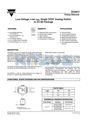 DG2011 datasheet - Low-Voltage, Low rON, Single SPDT Analog Switch In SC-89 Package