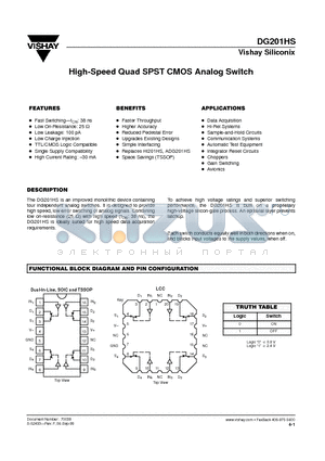 DG201HSAZ/883 datasheet - High-Speed Quad SPST CMOS Analog Switch