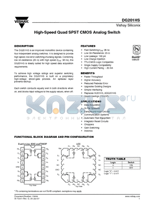 DG201HSDQ datasheet - High-Speed Quad SPST CMOS Analog Switch