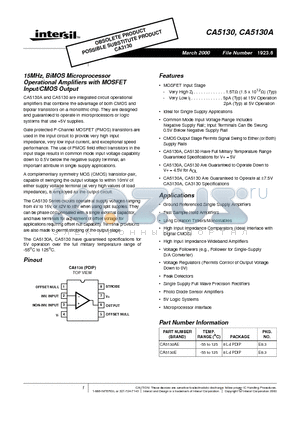 CA5130E datasheet - 15MHz, BiMOS Microprocessor Operational Amplifiers with MOSFET Input/CMOS Output