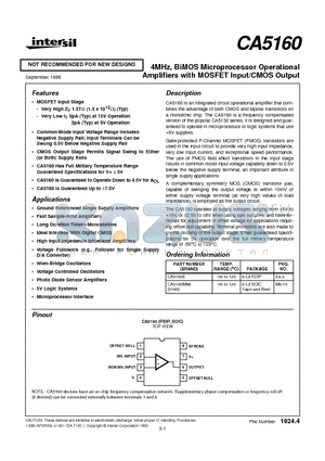 CA5160M96 datasheet - 4MHz, BiMOS Microprocessor Operational Amplifiers with MOSFET Input/CMOS Output