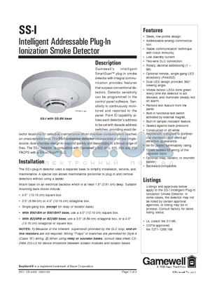 B501BHT datasheet - Intelligent Addressable Plug-In Ionization Smoke Detector
