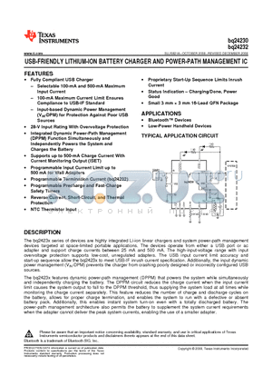 BQ24232RGTT datasheet - USB-FRIENDLY LITHIUM-ION BATTERY CHARGER AND POWER-PATH MANAGEMENT IC