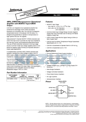 CA5160M96 datasheet - 4MHz, BiMOS Microprocessor Operational Amplifier with MOSFET Input/CMOS Output