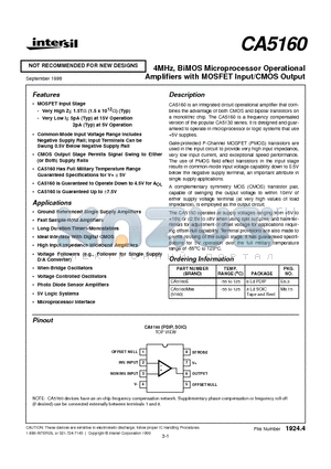 CA5160 datasheet - 4MHz, BiMOS Microprocessor Operational Amplifiers with MOSFET Input/CMOS Output