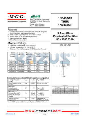 1N5401GP datasheet - 3 Amp Glass Passivated Rectifier 50 - 1000 Volts