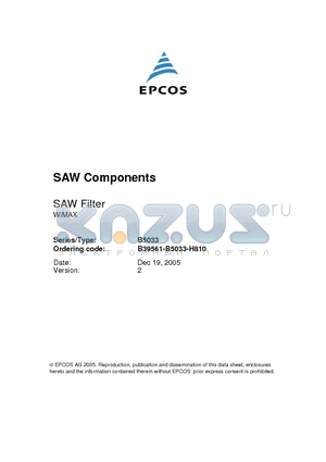B5033 datasheet - SAW Components Low-Loss Filter for WiMAX 556.00 MHz
